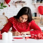 Woman in red dress writing love letter sitting at the decorated kitchen