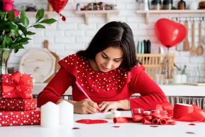 Woman in red dress writing love letter sitting at the decorated kitchen