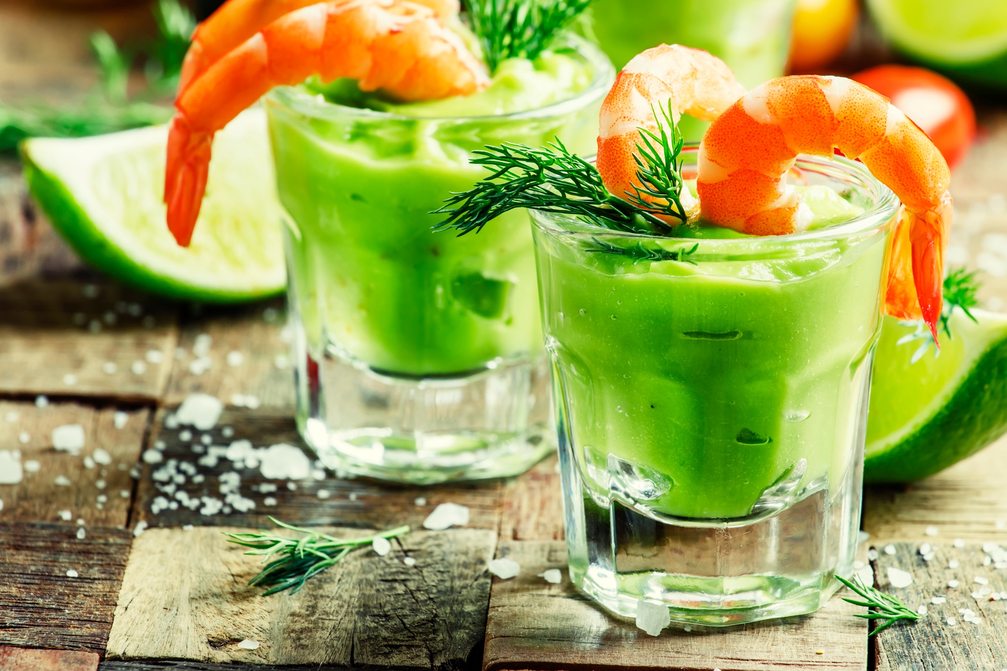 Shrimp cocktail with avocado sauce and lime