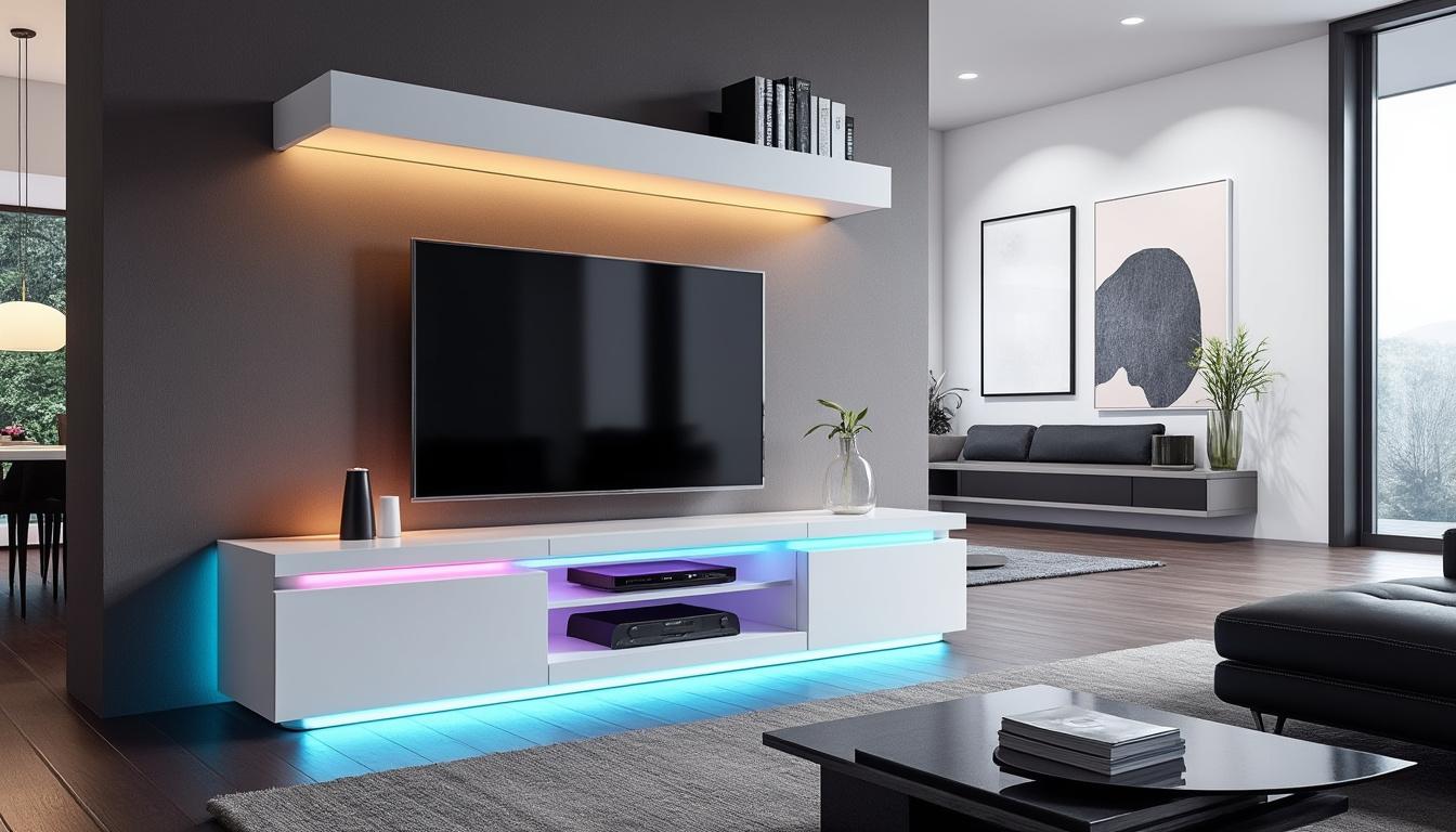apportez une touche moderne et lumineuse à votre salon avec le meuble tv à led multicouleurs blanc laqué horizon. design élégant, éclairage personnalisable et espace de rangement pratique pour sublimer votre déco.