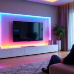 apportez une touche moderne à votre salon avec le meuble tv à led multicouleurs blanc laqué horizon. profitez d'un design élégant et d'un éclairage personnalisé pour créer une ambiance lumineuse unique chez vous.