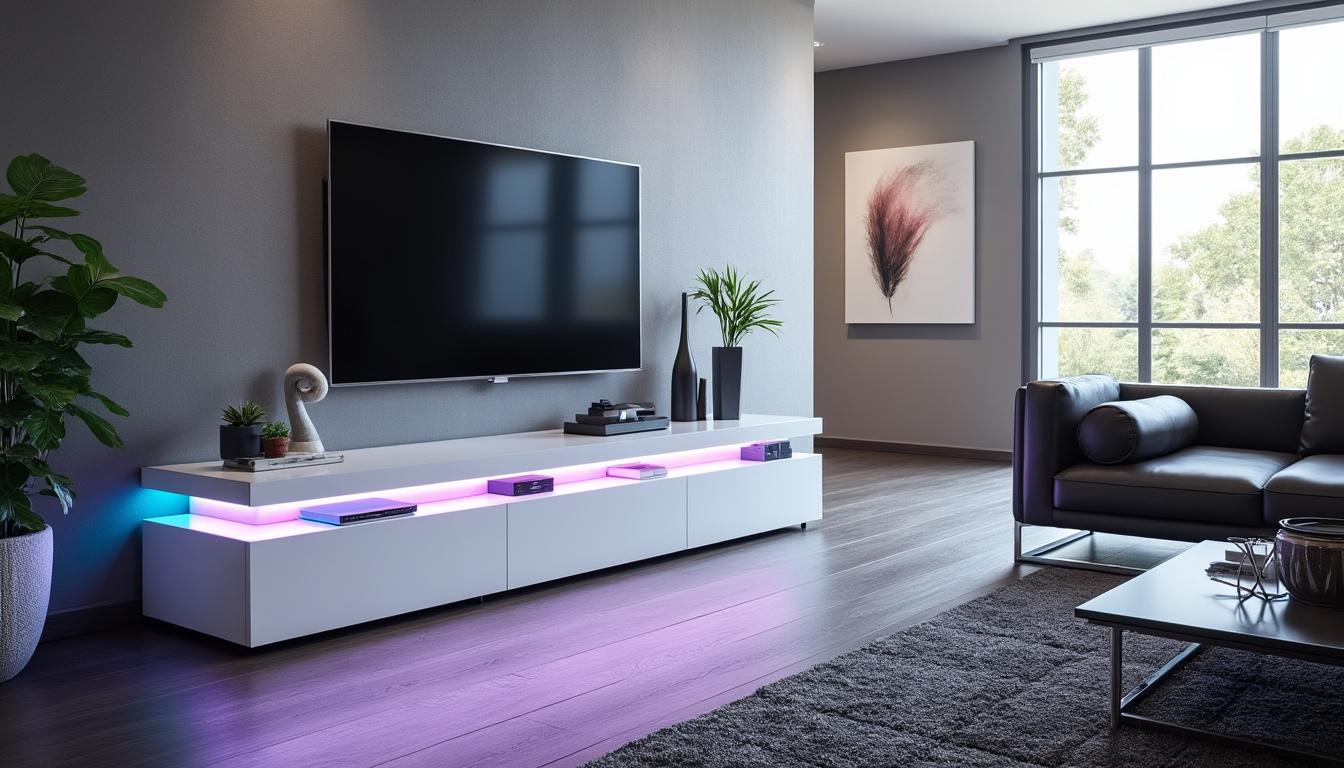 optez pour le meuble tv à led multicouleurs blanc laqué horizon et sublimez votre salon avec une touche moderne et lumineuse. idéal pour une ambiance personnalisable et élégante dans votre intérieur.