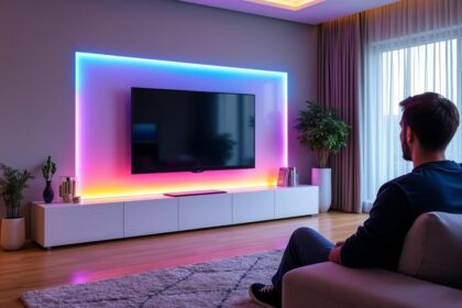 apportez une touche moderne à votre salon avec le meuble tv à led multicouleurs blanc laqué horizon. profitez d'un design élégant et d'un éclairage personnalisé pour créer une ambiance lumineuse unique chez vous.