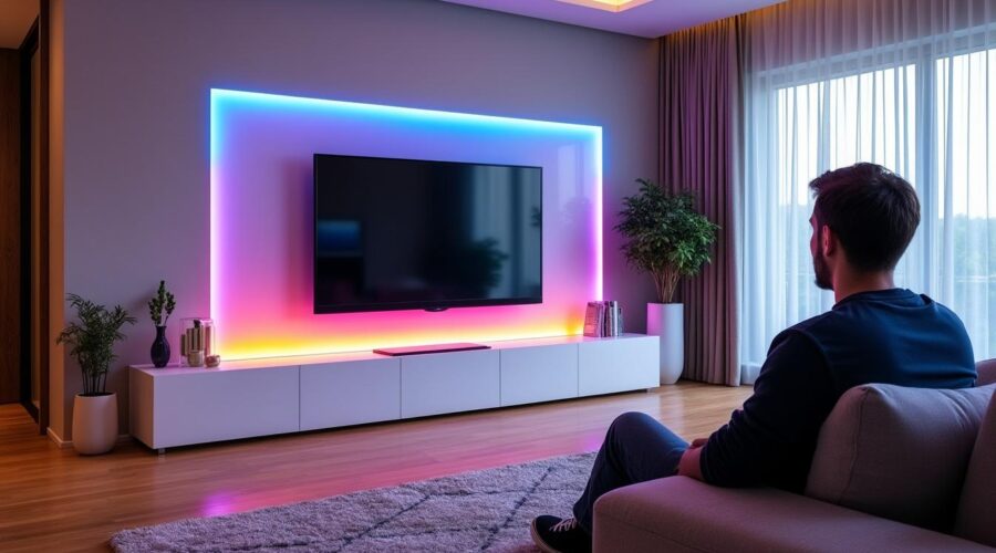apportez une touche moderne à votre salon avec le meuble tv à led multicouleurs blanc laqué horizon. profitez d'un design élégant et d'un éclairage personnalisé pour créer une ambiance lumineuse unique chez vous.