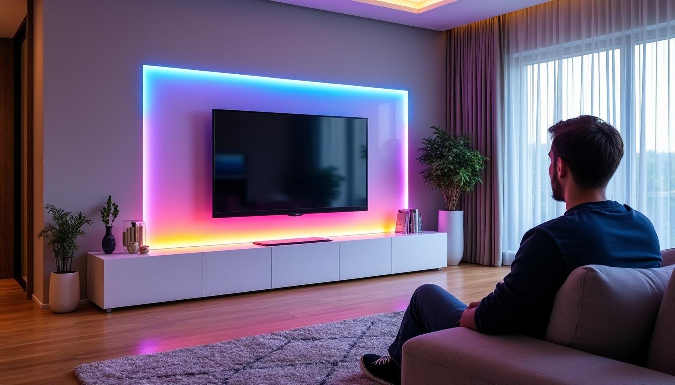 apportez une touche moderne à votre salon avec le meuble tv à led multicouleurs blanc laqué horizon. profitez d'un design élégant et d'un éclairage personnalisé pour créer une ambiance lumineuse unique chez vous.