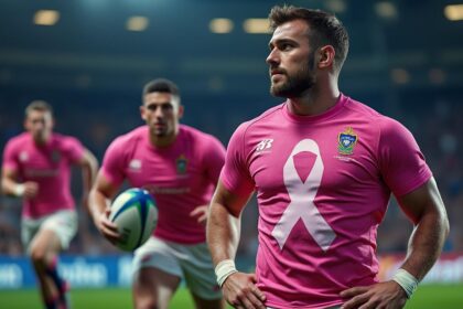 découvrez le premier maillot rose du stade français, conçu pour sensibiliser et soutenir la lutte contre le cancer.
