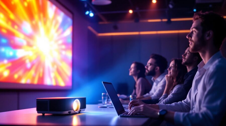 découvrez la démonstration des performances exceptionnelles d'une lampe de vidéoprojecteur longue durée lors d'un événement, alliant luminosité et fiabilité pour des projections optimales.