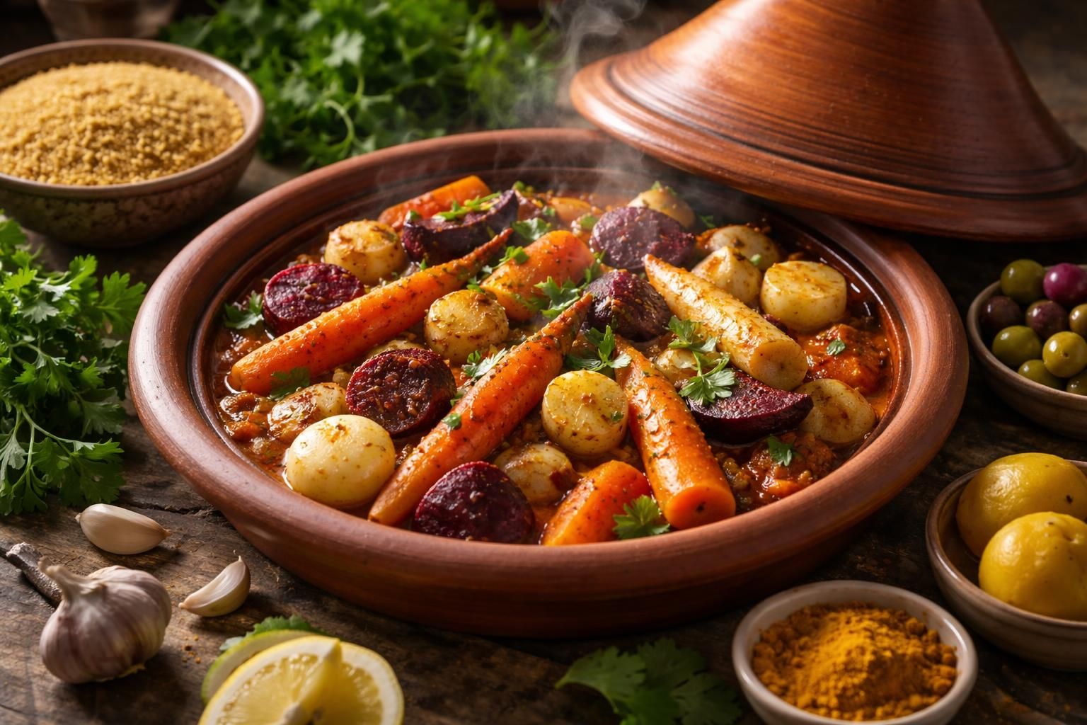 découvrez une délicieuse recette de tajine de légumes racines au millet, pleine de saveurs et de couleurs, parfaite pour un repas sain et gourmand.