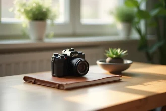 Appareil photo compact posé sur un bureau en bois minimaliste avec un carnet en cuir et une plante succulente, ambiance home office