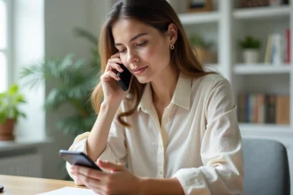 Femme appelant l'Espagne depuis son bureau à domicile avec un smartphone, illustrant l'utilisation de l'indicatif téléphonique 34