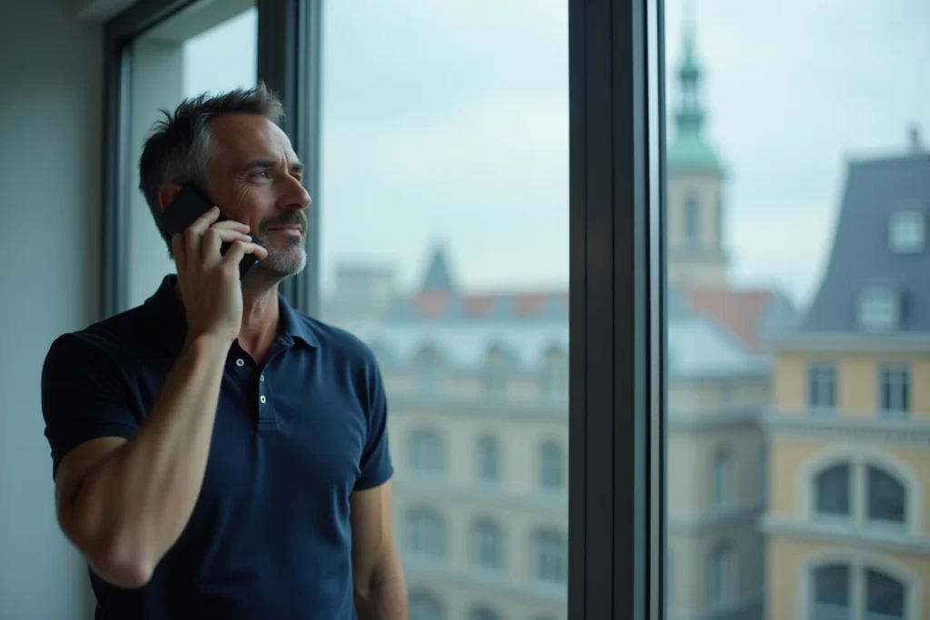 Homme en communication téléphonique internationale vers les Canaries ou l'Espagne, tenant un smartphone près d'une fenêtre avec vue urbaine