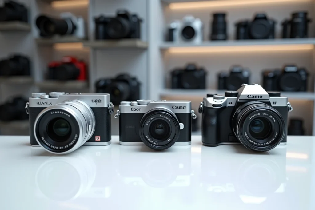 Comparatif de trois appareils photo compacts alignés sur une surface blanche en magasin spécialisé, guide d'achat photographie