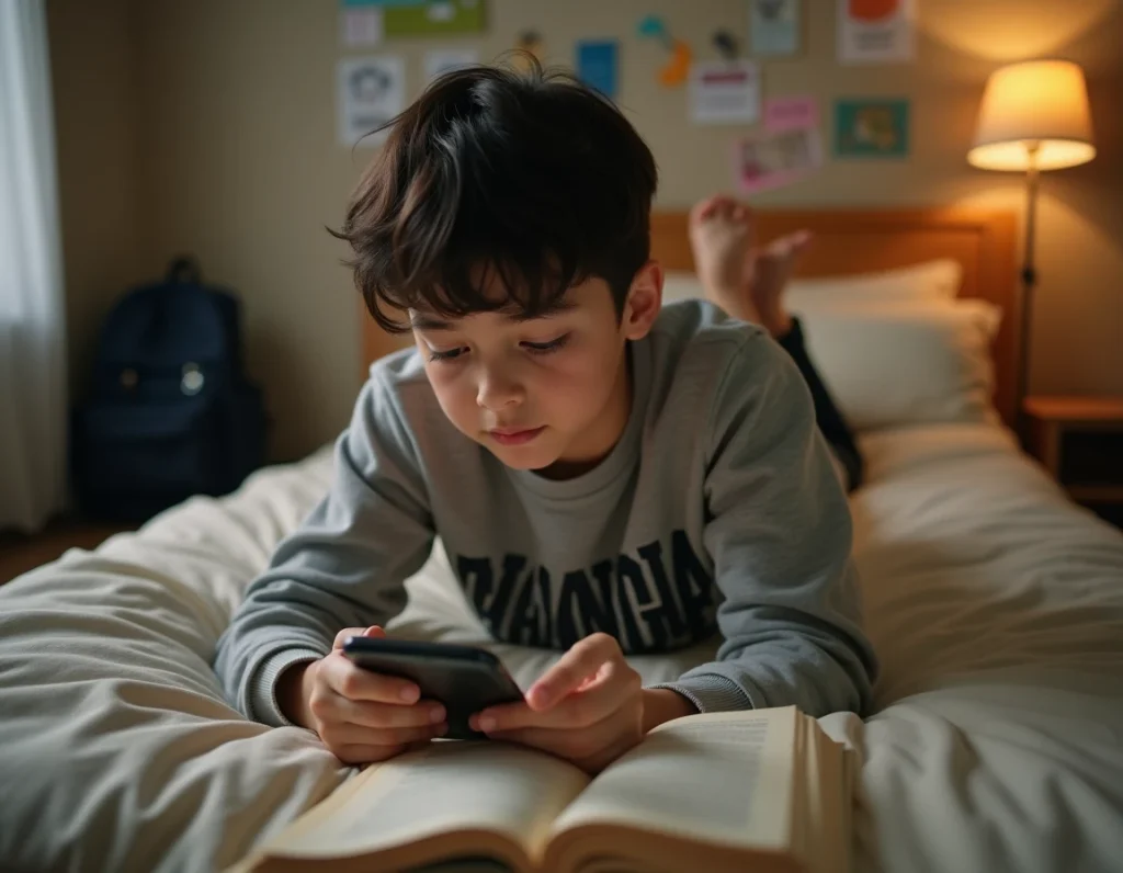 Adolescent lisant un manga sur smartphone Epsilon Scan allongé dans sa chambre dans une position détendue