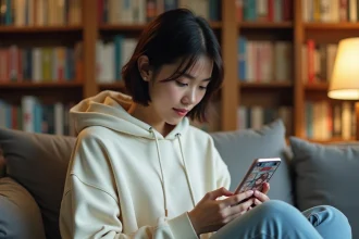 Jeune femme lisant un manga sur smartphone via l'application Epsilon Scan, assise dans un appartement moderne