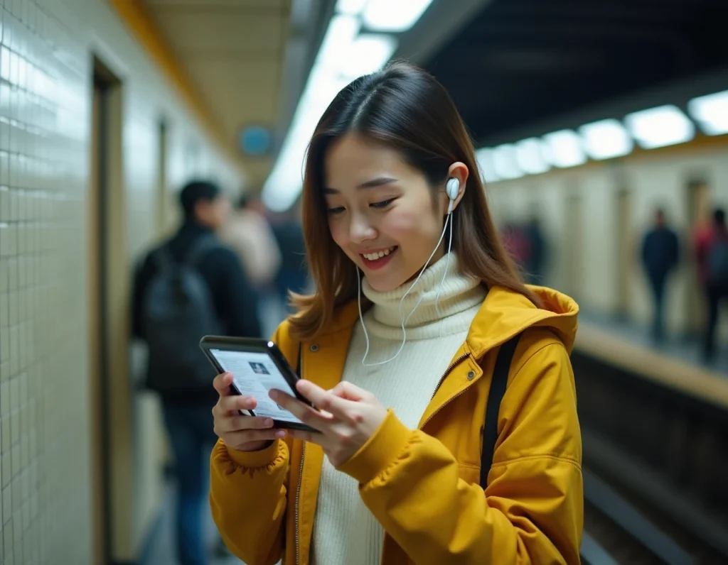 Jeune femme lisant un manga sur mobile avec Epsilon Scan dans le métro pendant ses trajets quotidiens