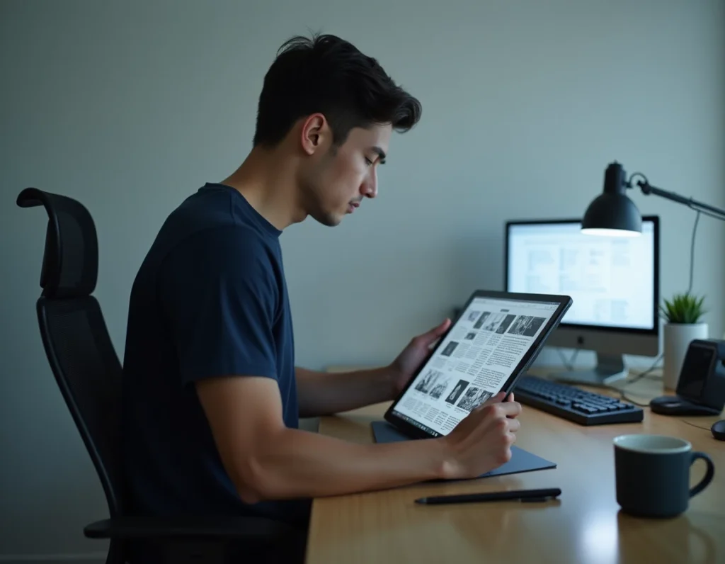 Homme lisant un manga en plein écran sur tablette avec l'application Epsilon Scan dans un bureau minimaliste