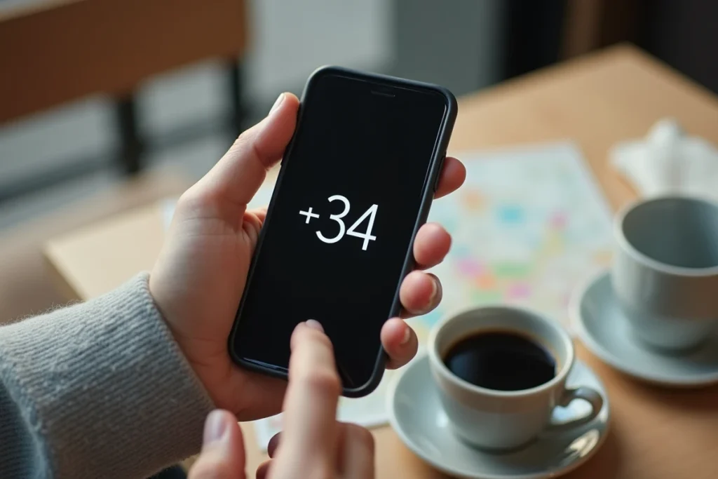 Gros plan d'un smartphone affichant le préfixe international +34 pour appeler l'Espagne, posé sur une table de café avec une carte et un café