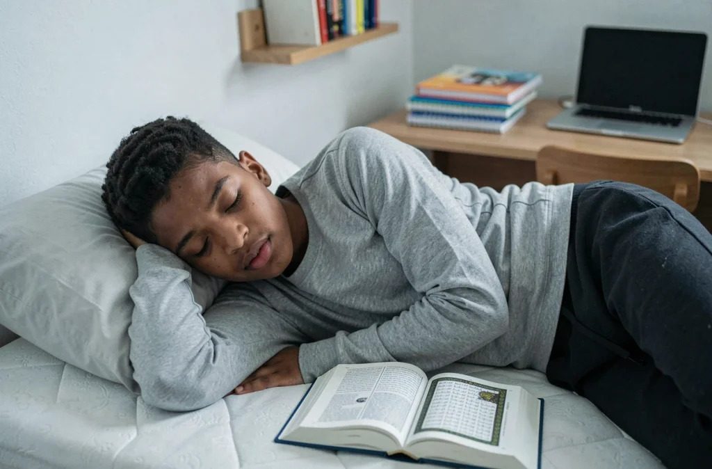 Adolescent musulman récitant les versets du Coran allongé dans son lit avant de s'endormir