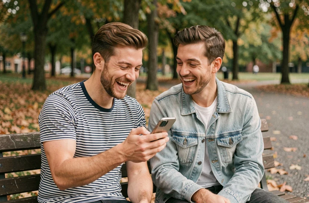 Deux amis dans un parc discutant des options de photo de profil WhatsApp ensemble