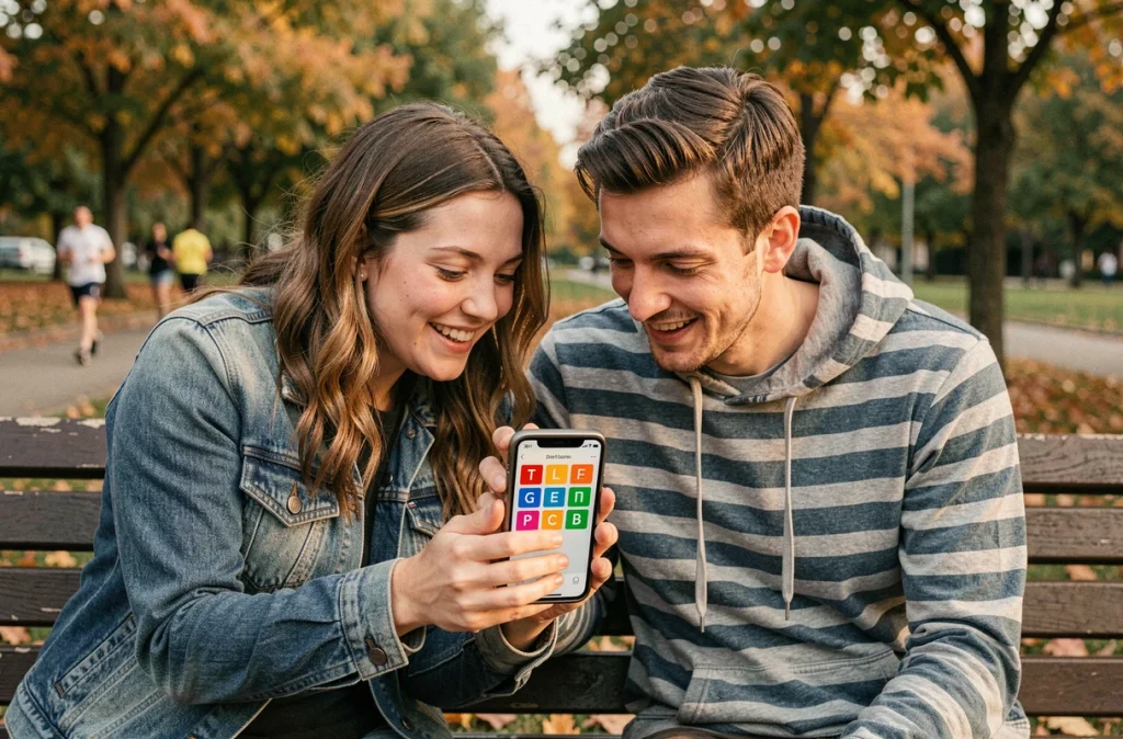 Deux amis cherchant ensemble la solution d'un mot de 5 lettres sur le jeu 4 Images 1 Mot dans un parc