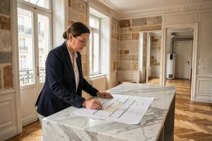 Architecte féminine examinant des plans de rénovation énergétique dans un appartement haussmannien rénové au centre-ville