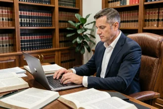 Avocat publiciste consultant une ressource juridique en ligne sur son ordinateur portable dans un bureau garni de livres de droit
