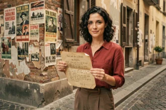 Femme tenant une feuille de paroles manuscrites de Bella Ciao devant un mur de briques aux affiches historiques, évoquant la résistance antifasciste italienne