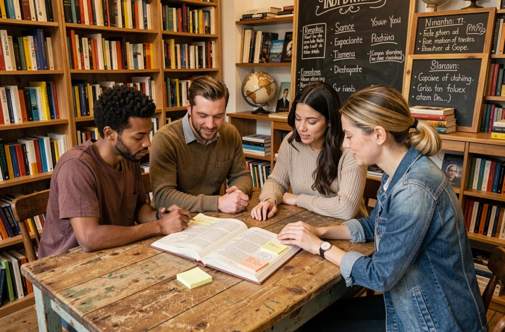 Groupe de jeunes adultes étudiant une traduction bilingue de Bella Ciao dans une librairie indépendante, symbolisant la transmission du message antifasciste