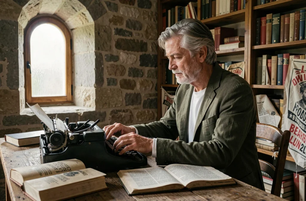 Homme d'âge mûr traduisant Bella Ciao sur une machine à écrire vintage entouré de dictionnaires italiens, dans un bureau aux murs en pierre évoquant l'histoire antifasciste