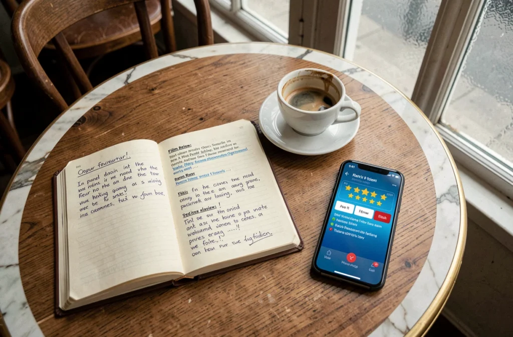 Carnet de critique cinéma ouvert avec tasse d'espresso et avis en ligne pour le film Sous écrous dans un café parisien