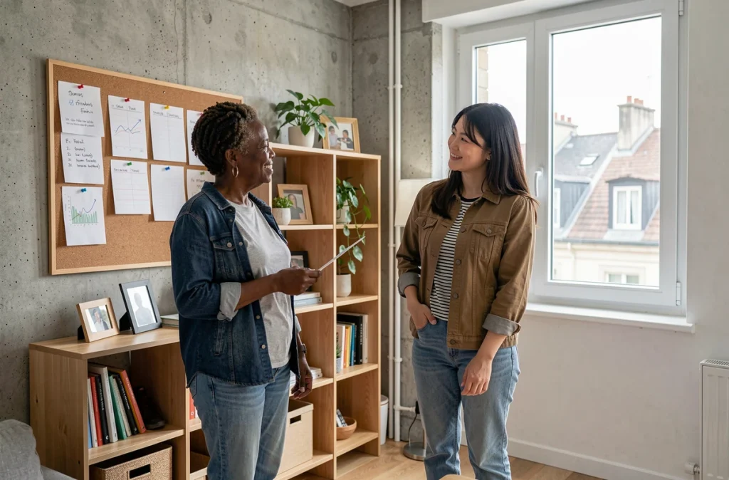 Deux femmes de générations différentes organisent leur quotidien dans un appartement partagé à Lyon, symbole de la colocation intergénérationnelle urbaine