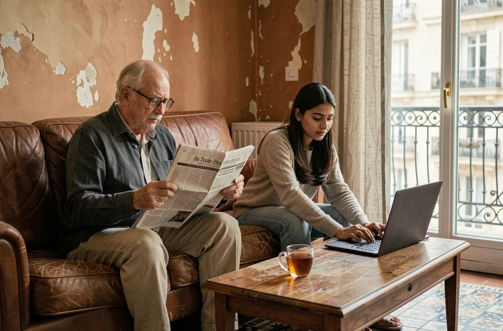 Un homme âgé et une jeune femme cohabitent paisiblement dans un salon d'appartement partagé à Marseille, exemple de la vie intergénérationnelle en grande métropole