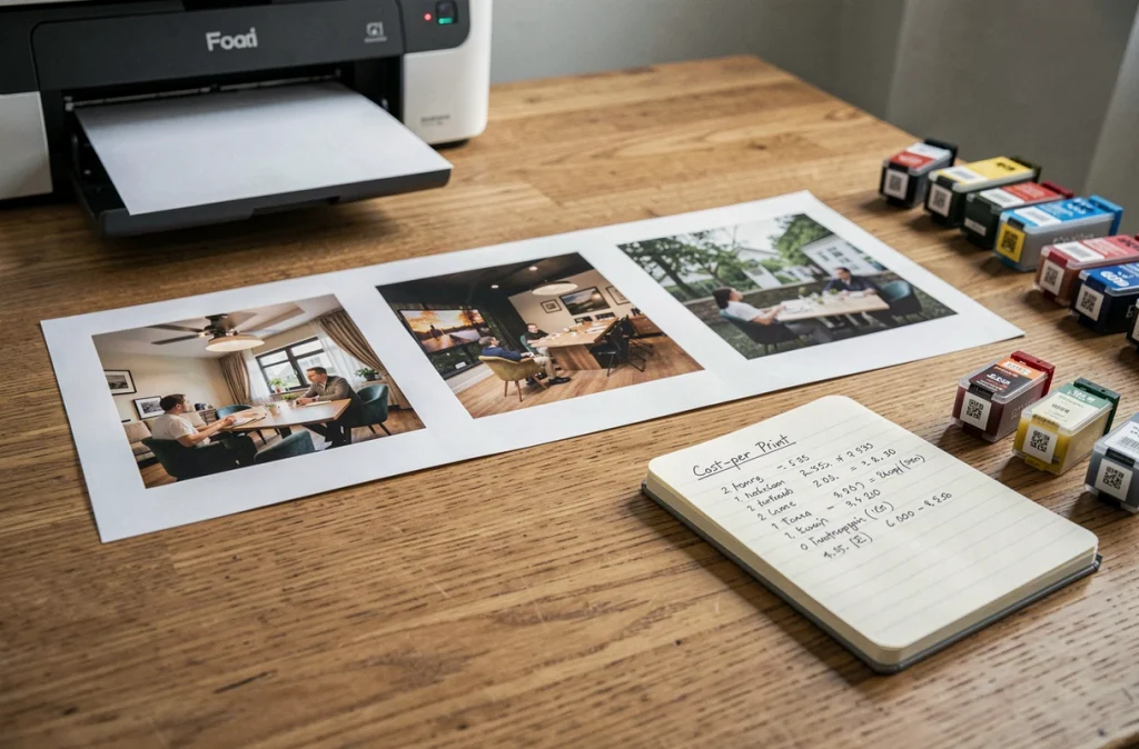 Comparaison de tirages photo sur un bureau avec cartouches d'encre et calcul du coût par tirage noté dans un carnet