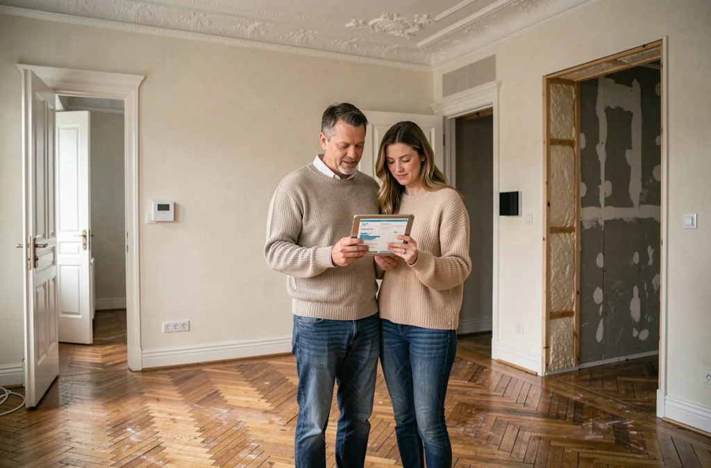 Couple consultant un bilan énergétique sur tablette dans leur appartement ancien rénové au centre-ville