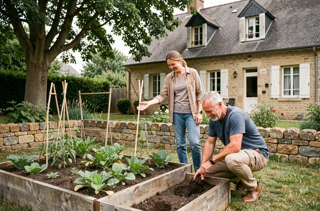 Couple aménageant le jardin de leur nouvelle maison dans une ville moyenne de province