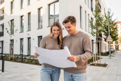 Jeune couple de primo-accédants devant un immeuble neuf examinant des plans d'architecte