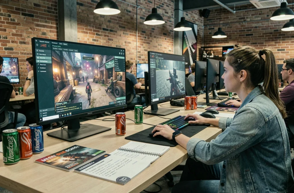 Deux joueurs explorant les modes de jeu d'Aeonscope en français dans un espace gaming partagé