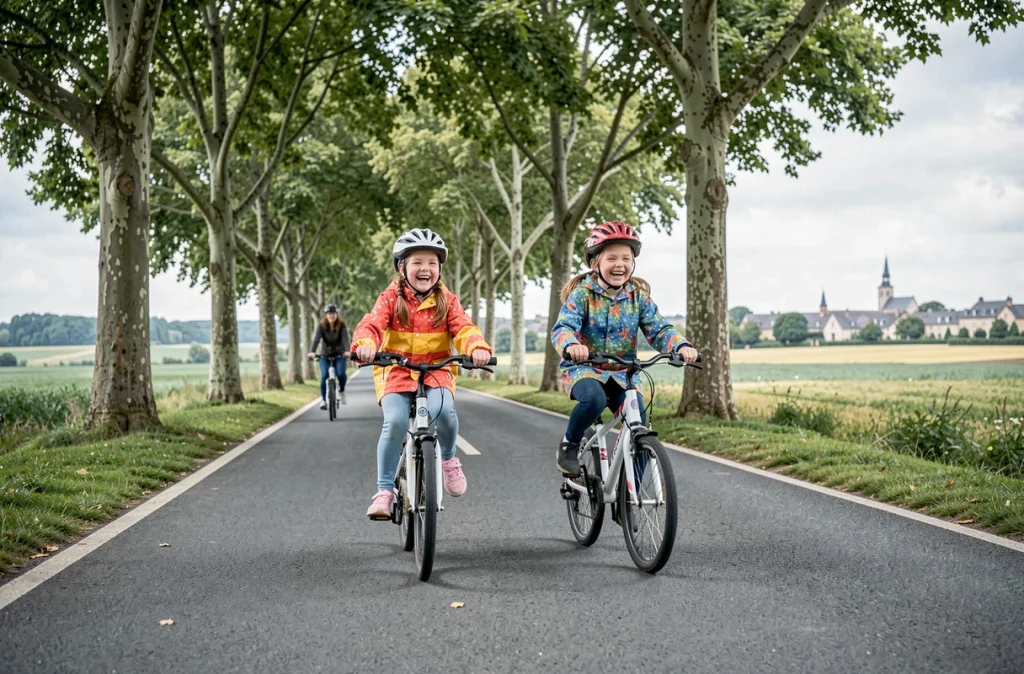 Enfants faisant du vélo sur une piste cyclable en ville moyenne entourée de verdure