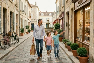 Famille se promenant dans une rue piétonne d'une ville moyenne française le week-end