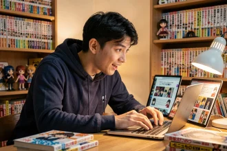 Jeune fan de manga lisant des scans One Piece en avance sur son ordinateur portable dans sa chambre remplie de mangas