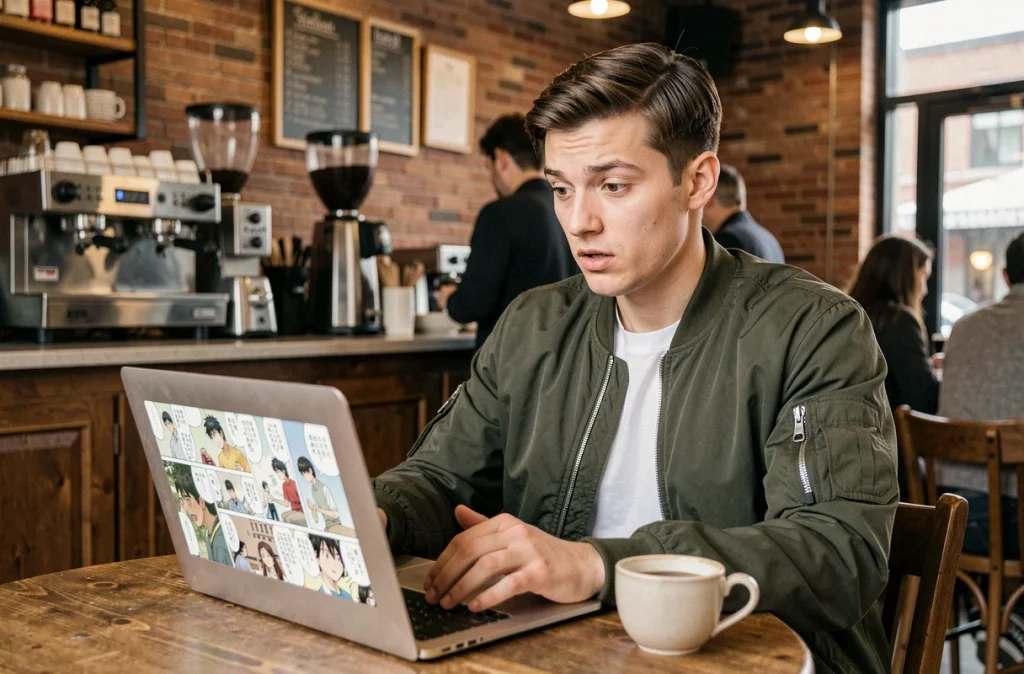 Fan de One Piece consultant des scans en avance sur son laptop dans un café branché avec un café posé à côté