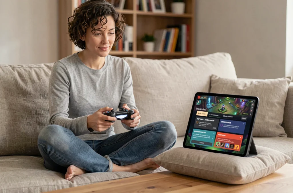 Femme jouant à Aeonscope en français sur tablette dans un salon moderne et confortable