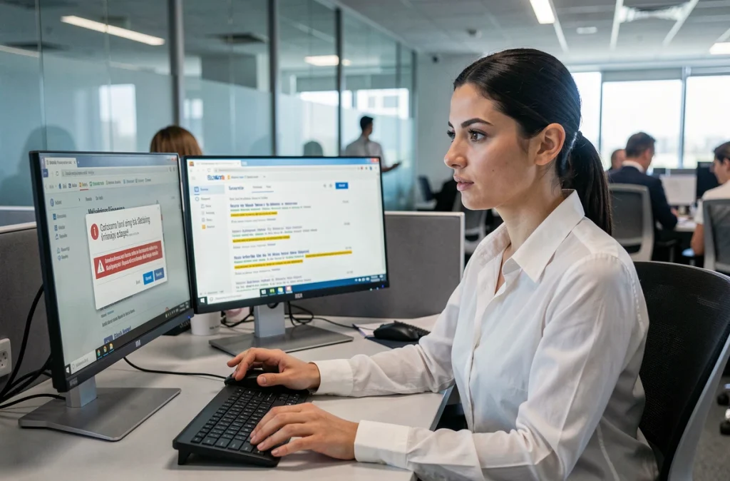Une femme en milieu professionnel identifie des liens suspects sur un moteur de recherche, avec une alerte de sécurité visible sur son écran de bureau