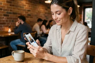 Femme dans un café sélectionnant une photo de profil WhatsApp sur son smartphone