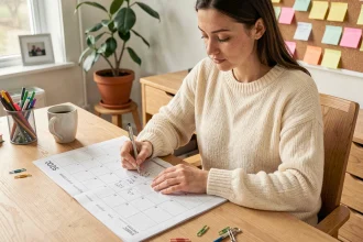 Femme écrivant sur un calendrier 2026 imprimé posé sur un bureau en bois dans un bureau à domicile organisé