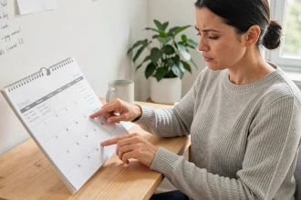 Femme consultant un calendrier papier 2026 pour identifier les semaines paires et impaires