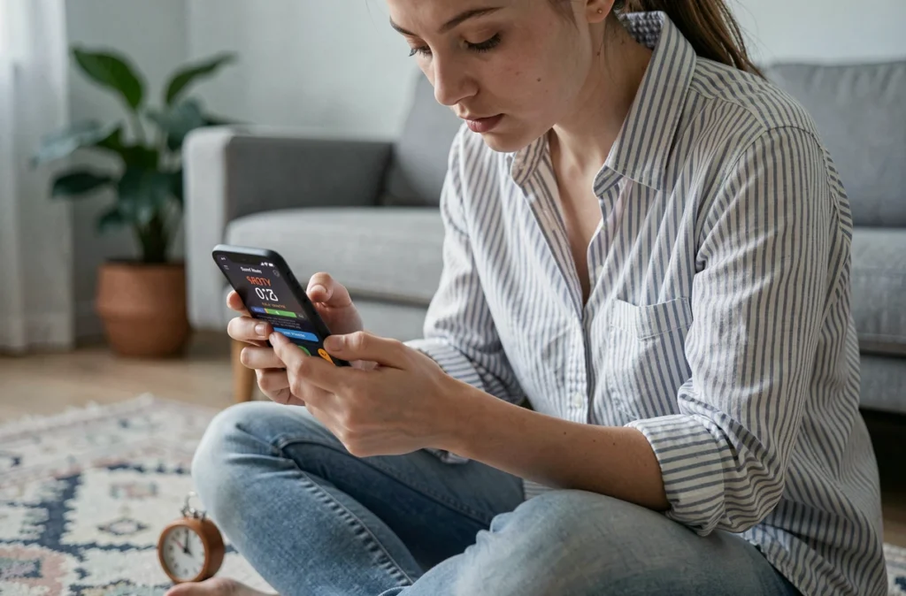 Jeune femme consultant les paramètres de configuration du jeu de la bombe sur une application mobile dans un salon minimaliste