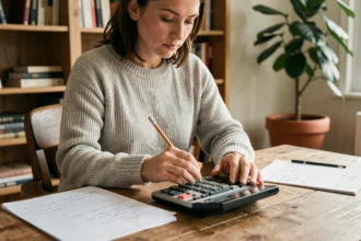 Femme convertissant des minutes en heures centièmes sur une calculatrice à son bureau avec des notes manuscrites