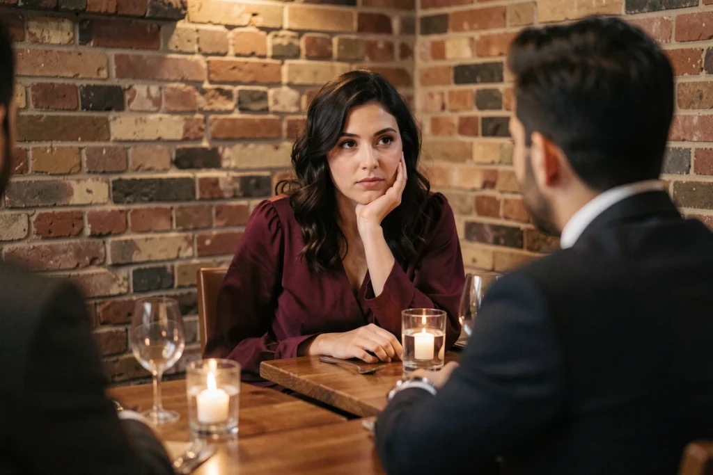 Femme au restaurant regardant un homme avec une expression de curiosité mêlée de trouble, langage corporel évocateur