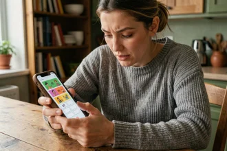Femme jouant à 4 Images 1 Mot sur smartphone, concentrée sur une énigme de 5 lettres à résoudre